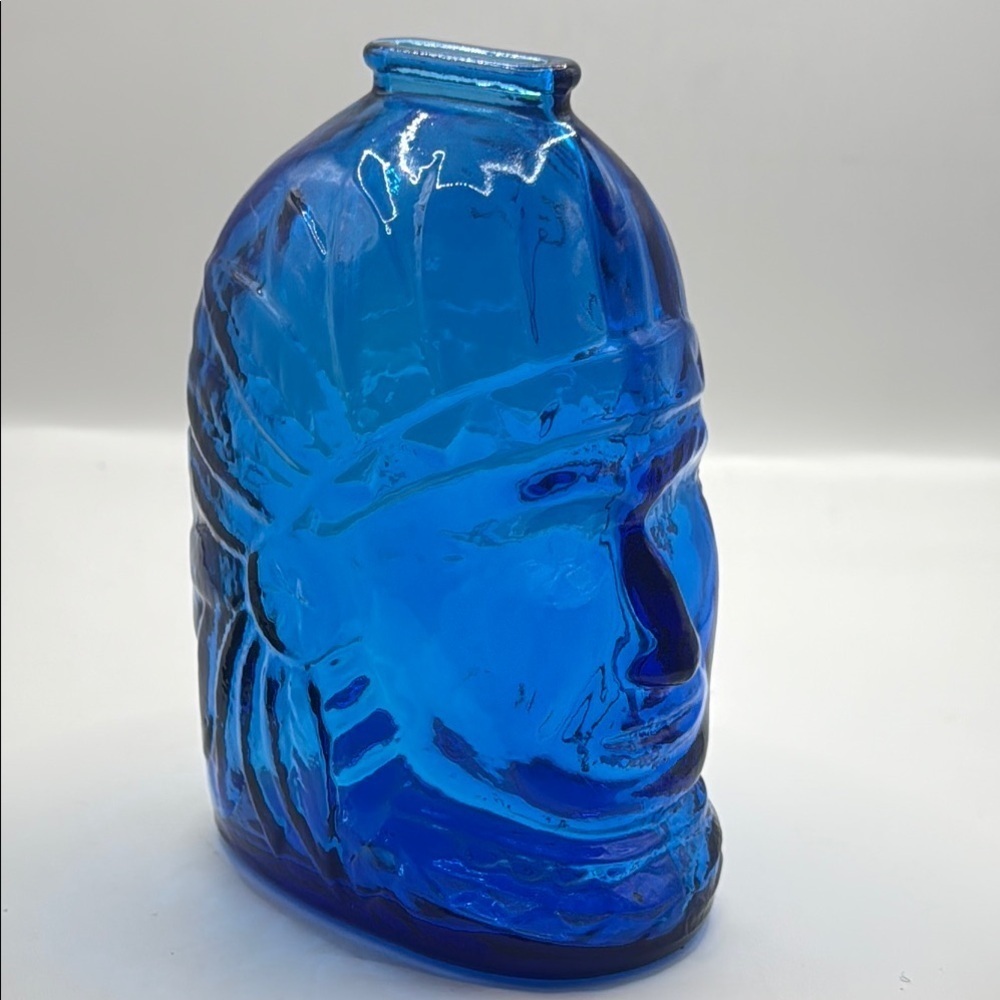 Vintage Blue Glass Wheaton Lenape Indian Chief Bank 6.5" Tall